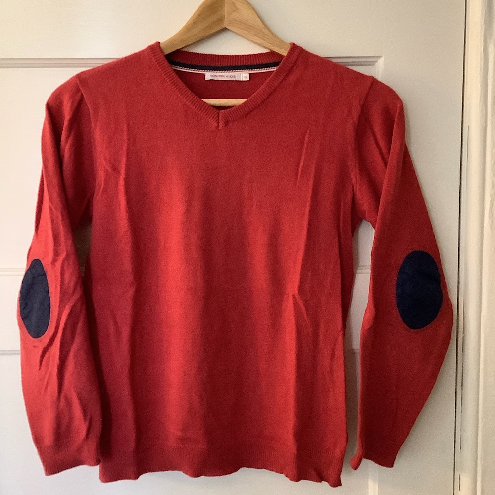 French brand fine knit boys v-neck sweater, Sz 10 red with blue elbow patches